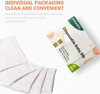 AiQiaoXin baby disposable bibs 30 count retail packaging box showing product attributes