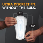 Side angle of Depend men's light absorbency liners illustrating the ultra thin profile
