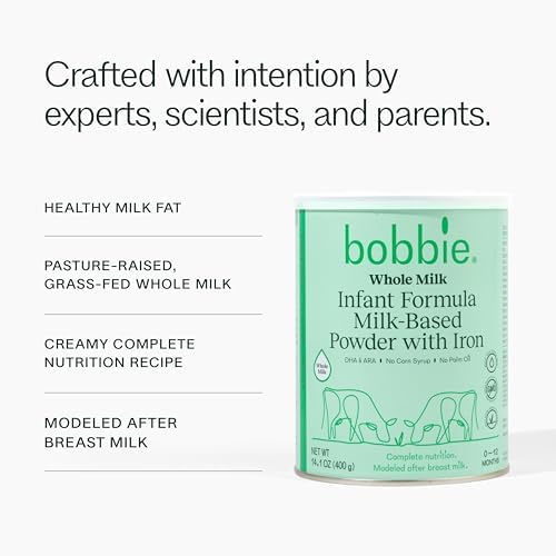 Bobbie whole milk infant formula side label displaying clean ingredients and nutritional facts