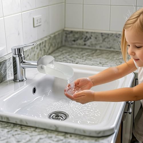 Universal clip on sink extension sleeve attached to a modern bathroom faucet channeling water downward