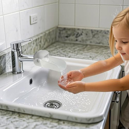 Universal clip on sink extension sleeve attached to a modern bathroom faucet channeling water downward