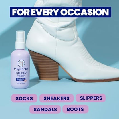 Megababe Toe Deo packaging showing plant-based alcohol and botanical ingredients.