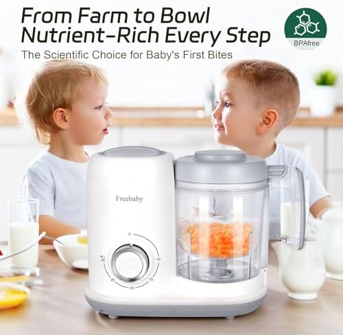 Freebaby compact baby food processor packaged securely as a premium gift item for new parents.