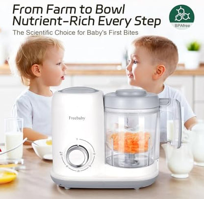 Freebaby compact baby food processor packaged securely as a premium gift item for new parents.