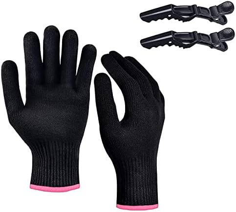 Two pieces black thermal gloves and two hair clips for curling wand protection