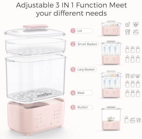 Momfann pink baby bottle sterilizer and dryer on a kitchen countertop