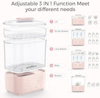 Momfann pink baby bottle sterilizer and dryer on a kitchen countertop
