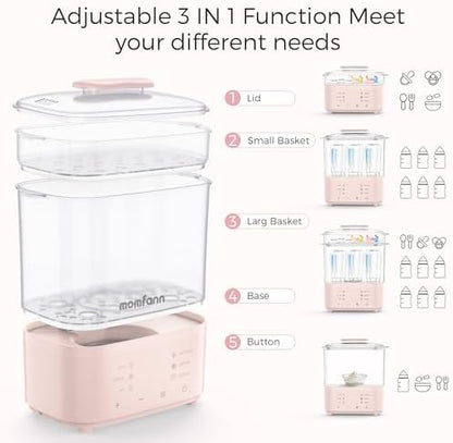 Momfann pink baby bottle sterilizer and dryer on a kitchen countertop