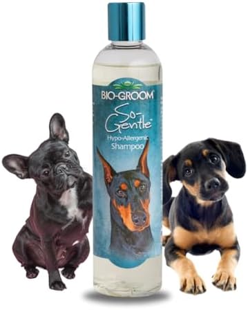 Bio-Groom tearless pet shampoo bottle highlighting sensitive skin care label