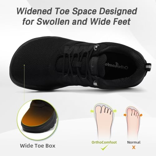Side profile of OrthoComfoot black orthopedic sneakers showing the thick arch support sole.