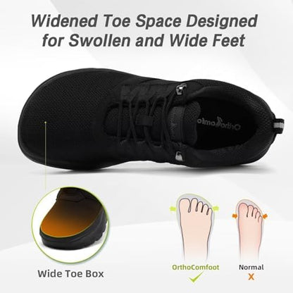 Side profile of OrthoComfoot black orthopedic sneakers showing the thick arch support sole.