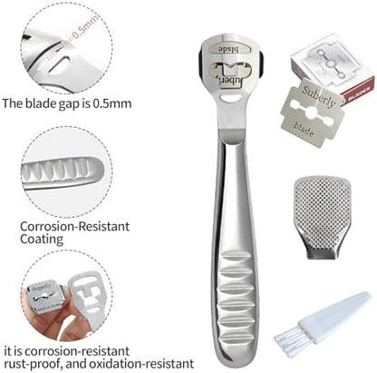 Premium stainless steel pedicure shaver demonstrating the safe point five millimeter blade gap