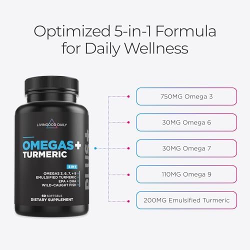 Livingood Daily Omegas Plus Turmeric supplement nutritional facts label and premium ingredients