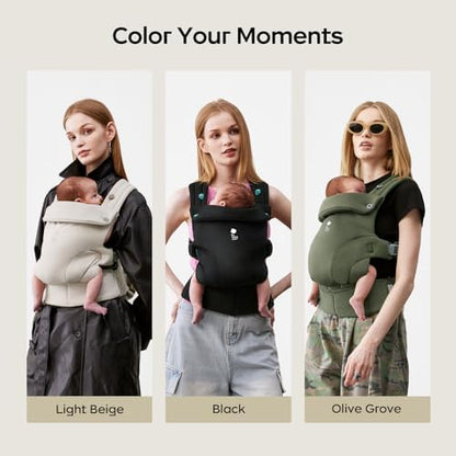 Side view of parent wearing black baby carrier
