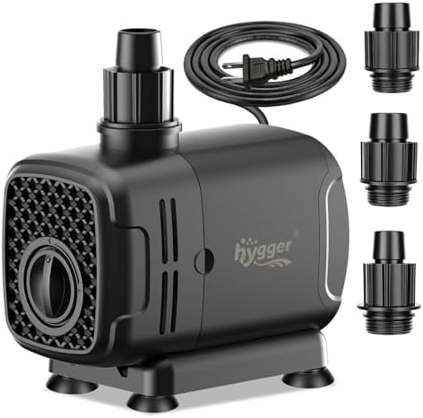 Hygger 400 GPH water pump showing the four interchangeable nozzles and threaded leak-free design.