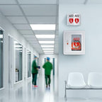 Close up of the bold red heart symbol and down arrow on the ZIPOWEY AED sign.