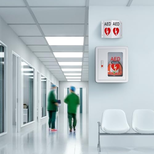 Close up of the bold red heart symbol and down arrow on the ZIPOWEY AED sign.