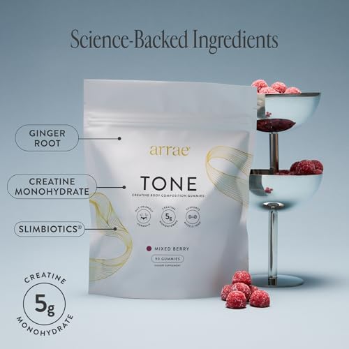 Arrae Tone creatine gummies mixed berry chewable texture close up.