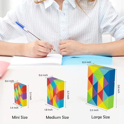 A single rainbow magic snake puzzle being bent into a custom 3D geometric shape to demonstrate segment flexibility.