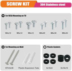 The complete six pack assembly of earthquake protection television straps with 304 stainless steel screws laid out clearly.