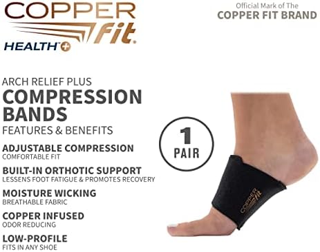 Copper Fit unisex arch support wrap being adjusted on a foot for plantar fasciitis relief.