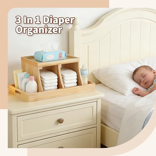Three Colors Wooden Diaper Caddy Organizer top angle showing compartments