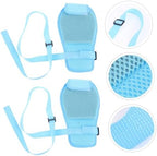A pair of sky blue medical restraint gloves for elderly care and protection.