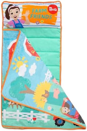 Ms. Rachel toddler preschool bedding rolled up compactly with carrying handle visible