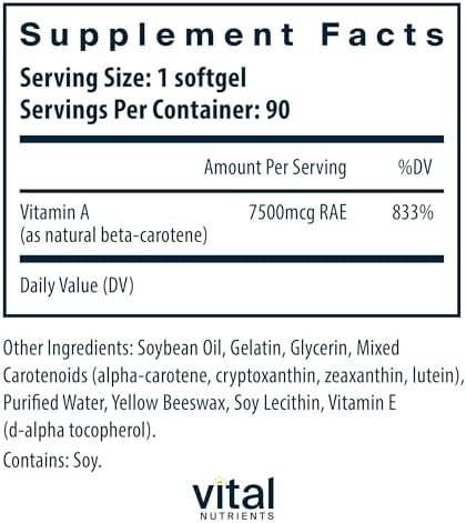 Vital Nutrients Natural Beta Carotene supplement facts label showing antioxidant ingredients