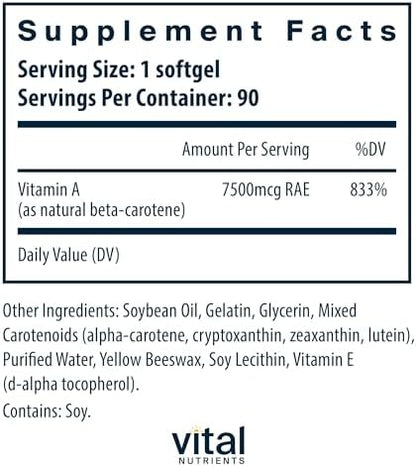 Vital Nutrients Natural Beta Carotene supplement facts label showing antioxidant ingredients
