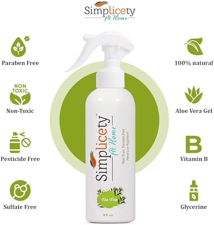 Back label of Simplicety lice spray showing vitamin B and aloe vera ingredients list.