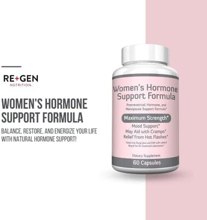 Imported USA hormonal balance supplement bottle angle view for women.