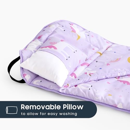 Wake In Cloud unicorn theme daycare nap mat showcasing elastic corner straps