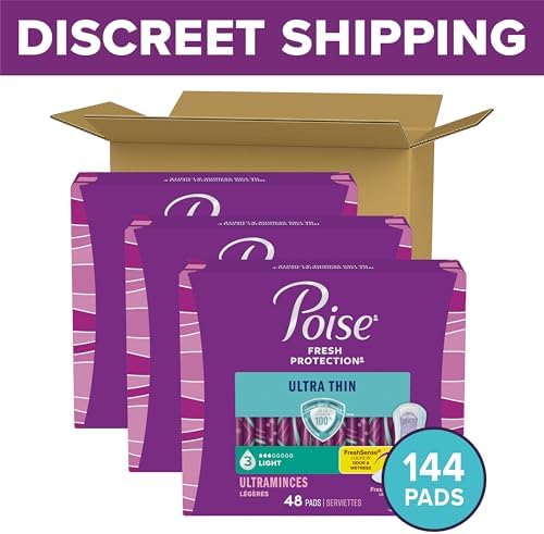 Poise postpartum bladder leak pads 144 count side view showcasing ultra thin design