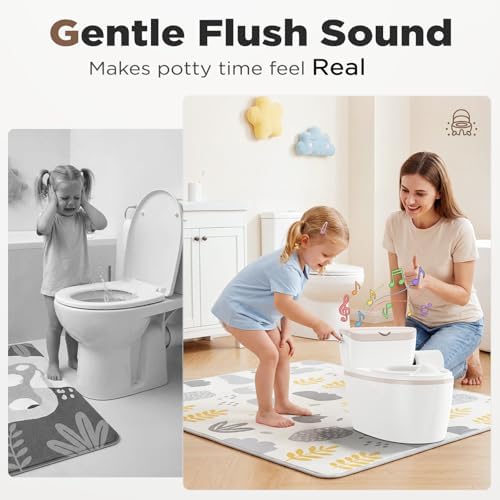 Close up of realistic flushing sound button on toddler toilet