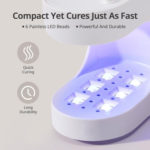 Six watt mini nail light displaying six double light source beads underneath the open curing space.