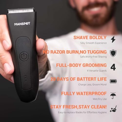 MANSPOT intimate groomer displaying the replaceable anti cut ceramic blade head