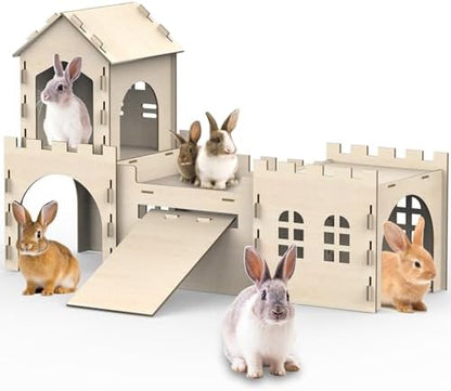 Large Bunny Castle for Rabbits, Wooden Dual-Layer Rabbit House with Stair, Rubber Band-Free Setup - Chew-Proof, Sturdy Habitat for Guinea Pig Chinchilla Ferret (Rabbit House) - Image 2