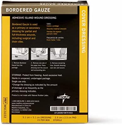 Box of Medline surgical dressings showcasing product specifications and latex free labels.