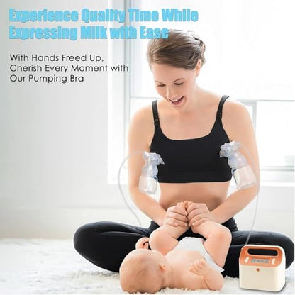 Black hands free breast pump bra showing flange opening