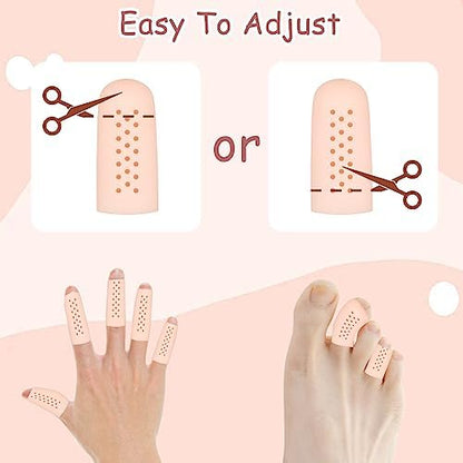 Sixteen pieces of medical grade gel finger caps arranged neatly on a clean background.