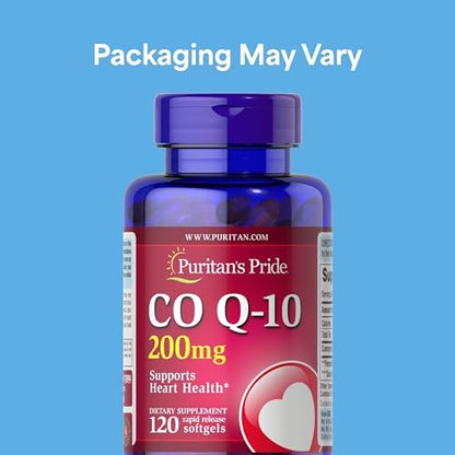 Puritan's Pride CoQ10 200mg dietary supplement rapid release softgels supplement facts label side view