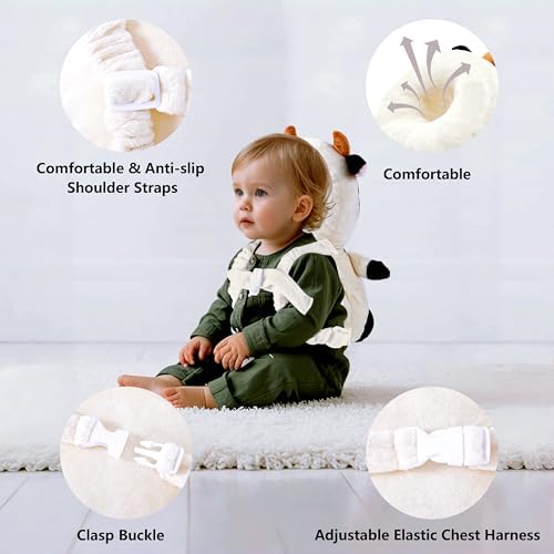 Toddler learning to walk with Nice Choice cow backpack