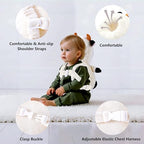 Toddler learning to walk with Nice Choice cow backpack