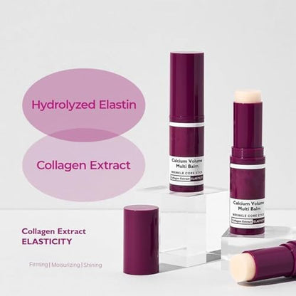 Two pieces of Nuvilo calcium volume multi balm showing texture and portable design