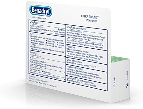 Side view of Benadryl itch relief cream carton demonstrating proper storage temperature and manufacturing details