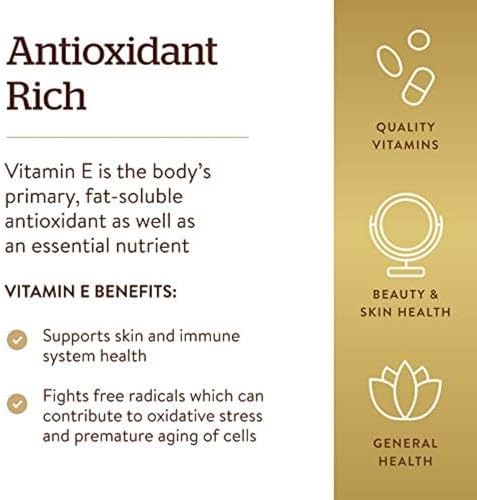 Solgar Vitamin E dietary supplement container showing daily wellness benefits