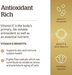 Solgar Vitamin E dietary supplement container showing daily wellness benefits