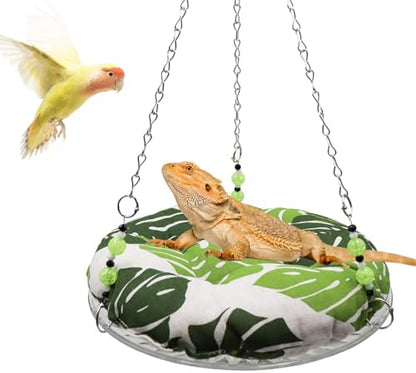 Bearded dragon resting on a green leaf print reptile hammock