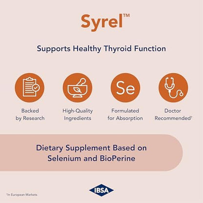 IBSA Syrel Selenium 100 micrograms supplement carton highlighting key ingredients.